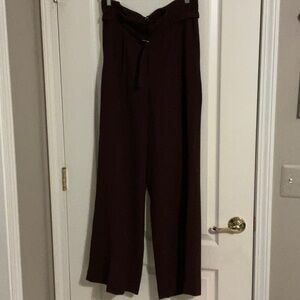 Express Paperbag Waist Wide-Leg Trousers in Burgundy